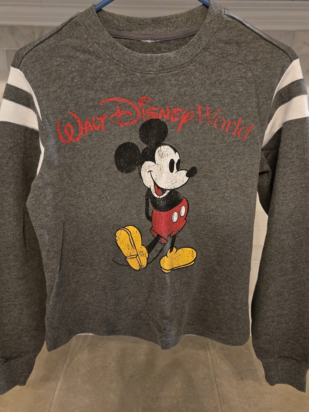 Disney Grey Crewneck Sweatshirt with Mickey Graphic and White Sleeve Stripes